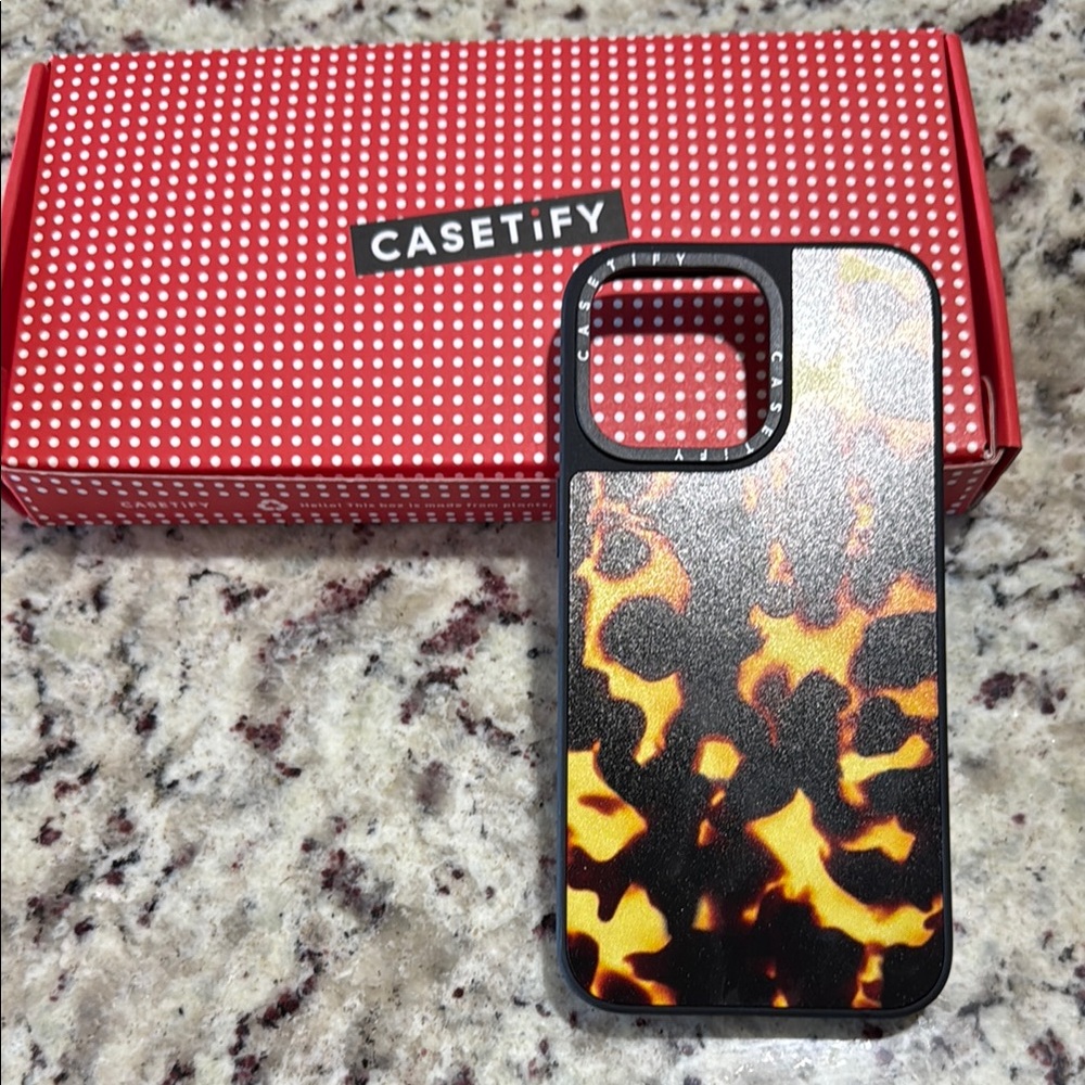 iPhone 15 Pro Max Casetify Black and Orange Phone Case Tortoise Shell Design